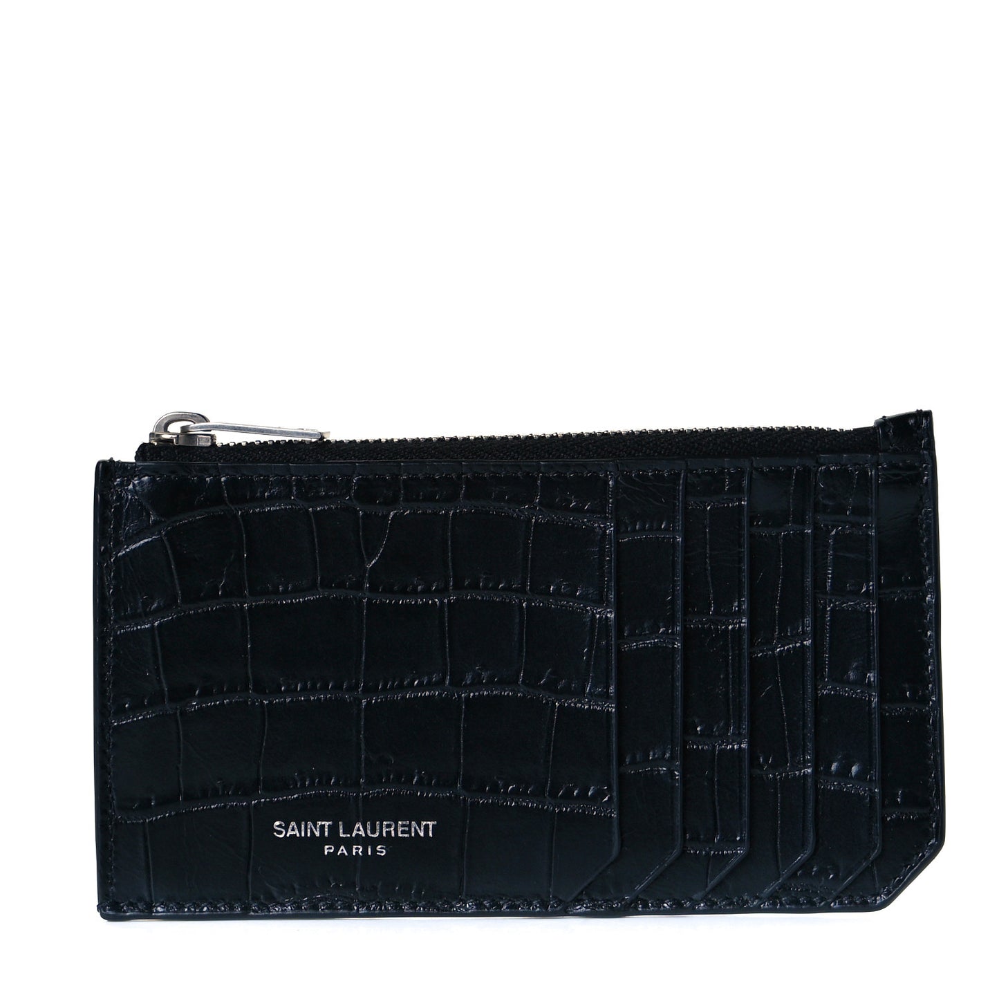 Calfskin Crocodile Embossed 5 Fragments Zip Pouch Card Holder Black