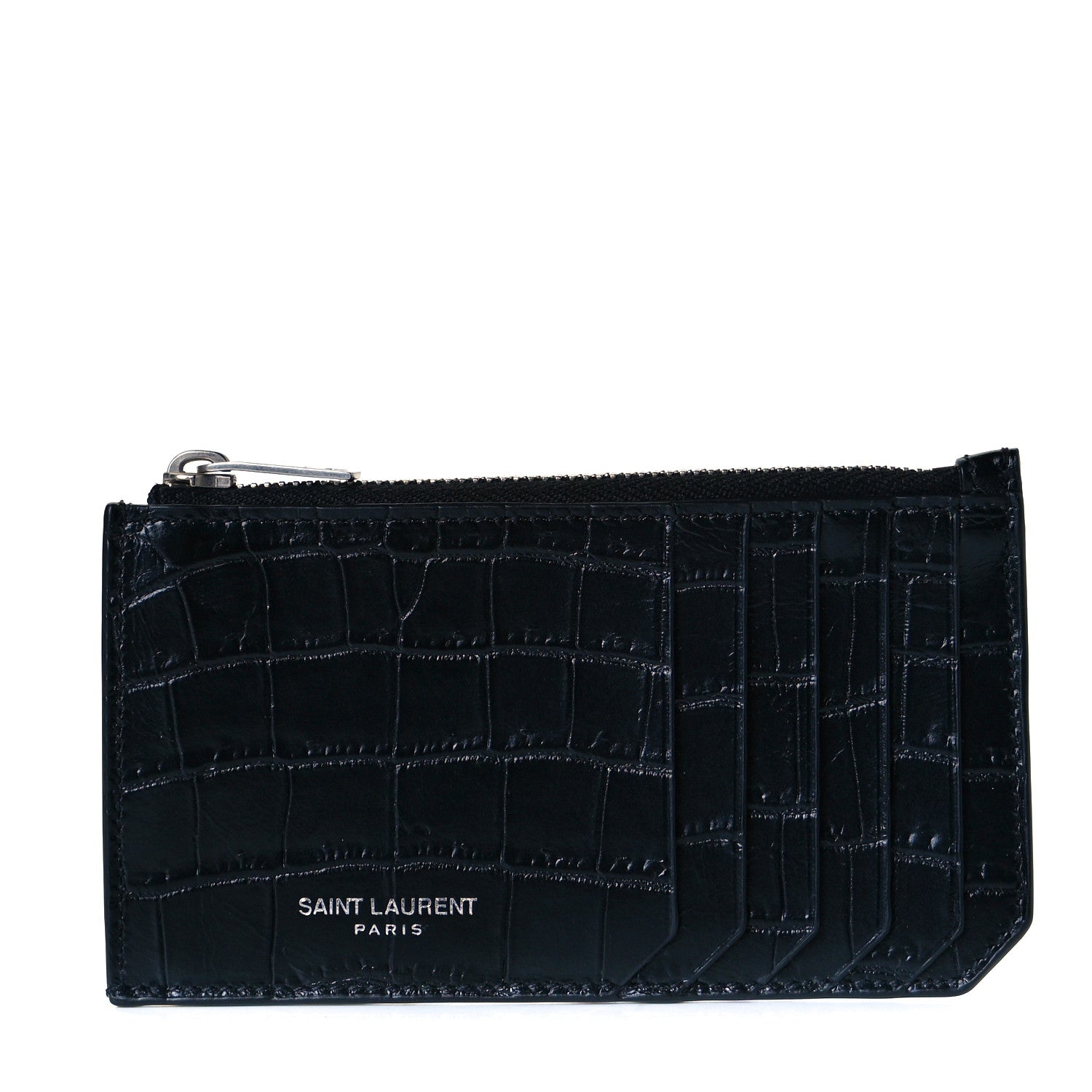 Saint Laurent Calfskin Crocodile Embossed 5 Fragments Zip Pouch Card Holder Black 1 of 10