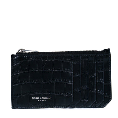 Saint Laurent Calfskin Crocodile Embossed 5 Fragments Zip Pouch Card Holder Black 1 of 10