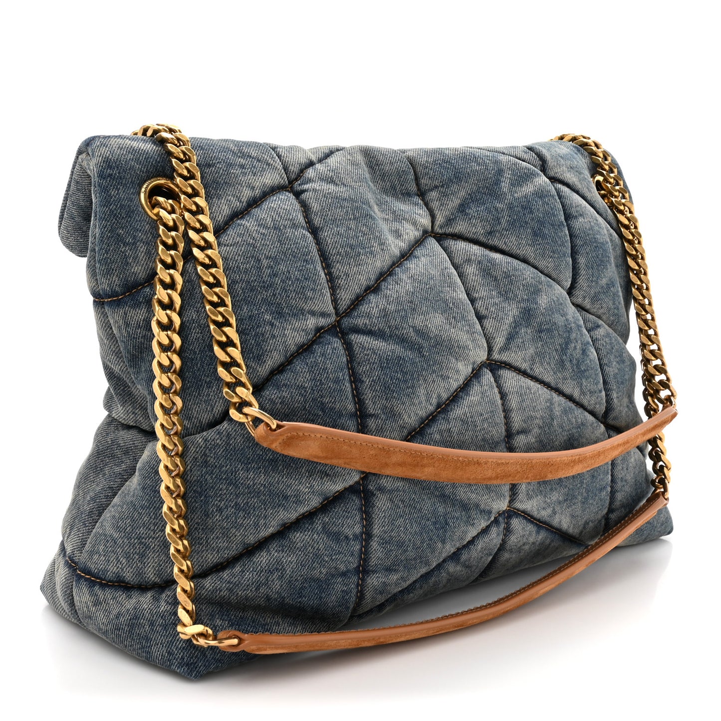 Denim Quilted Medium Loulou Puffer Monogram Chain Satchel Blue Cinnamon