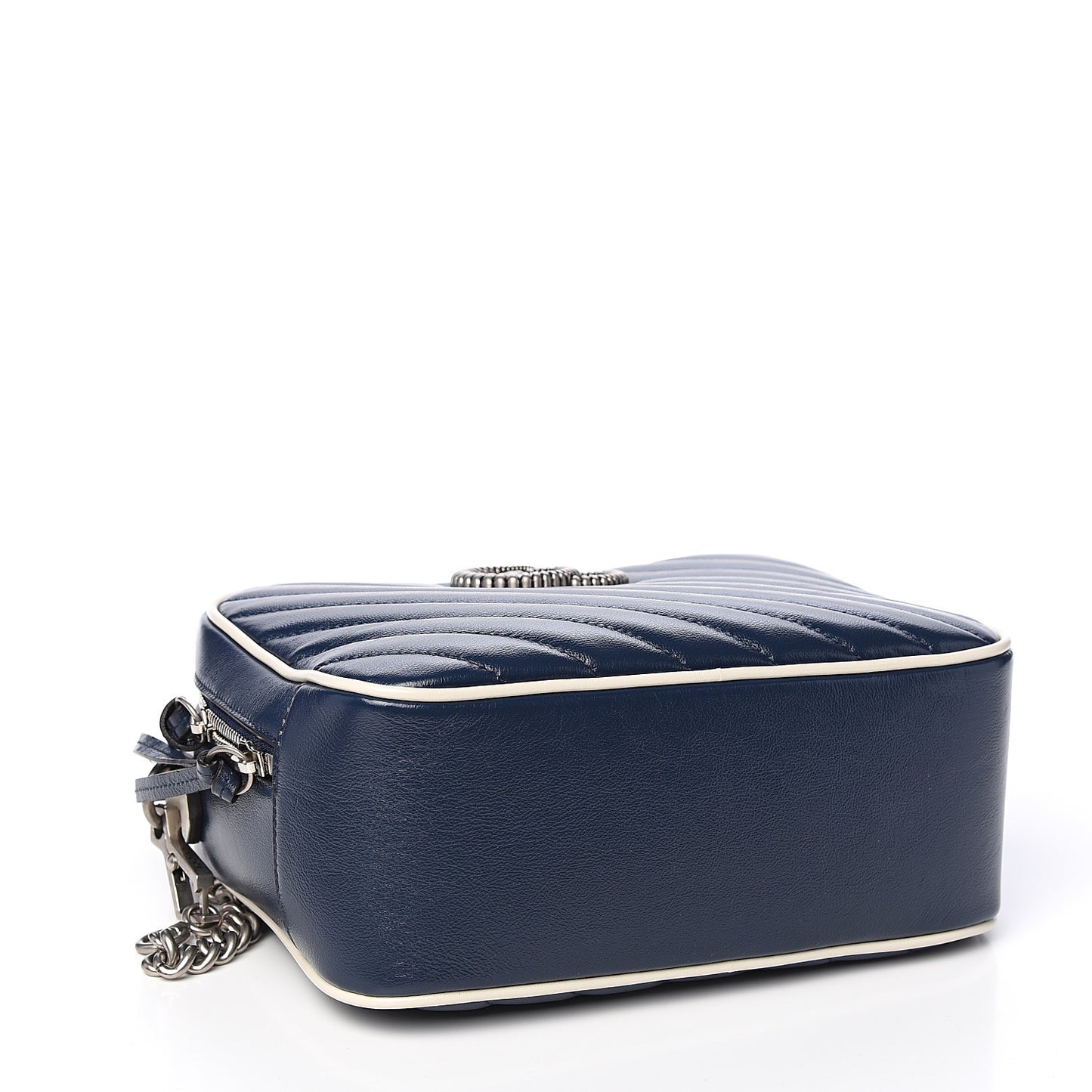 Vintage Effect Calfskin Matelasse Diagonal Small Torchon GG Marmont Bamboo Top Handle Shoulder Bag Blue Agata Mystic White