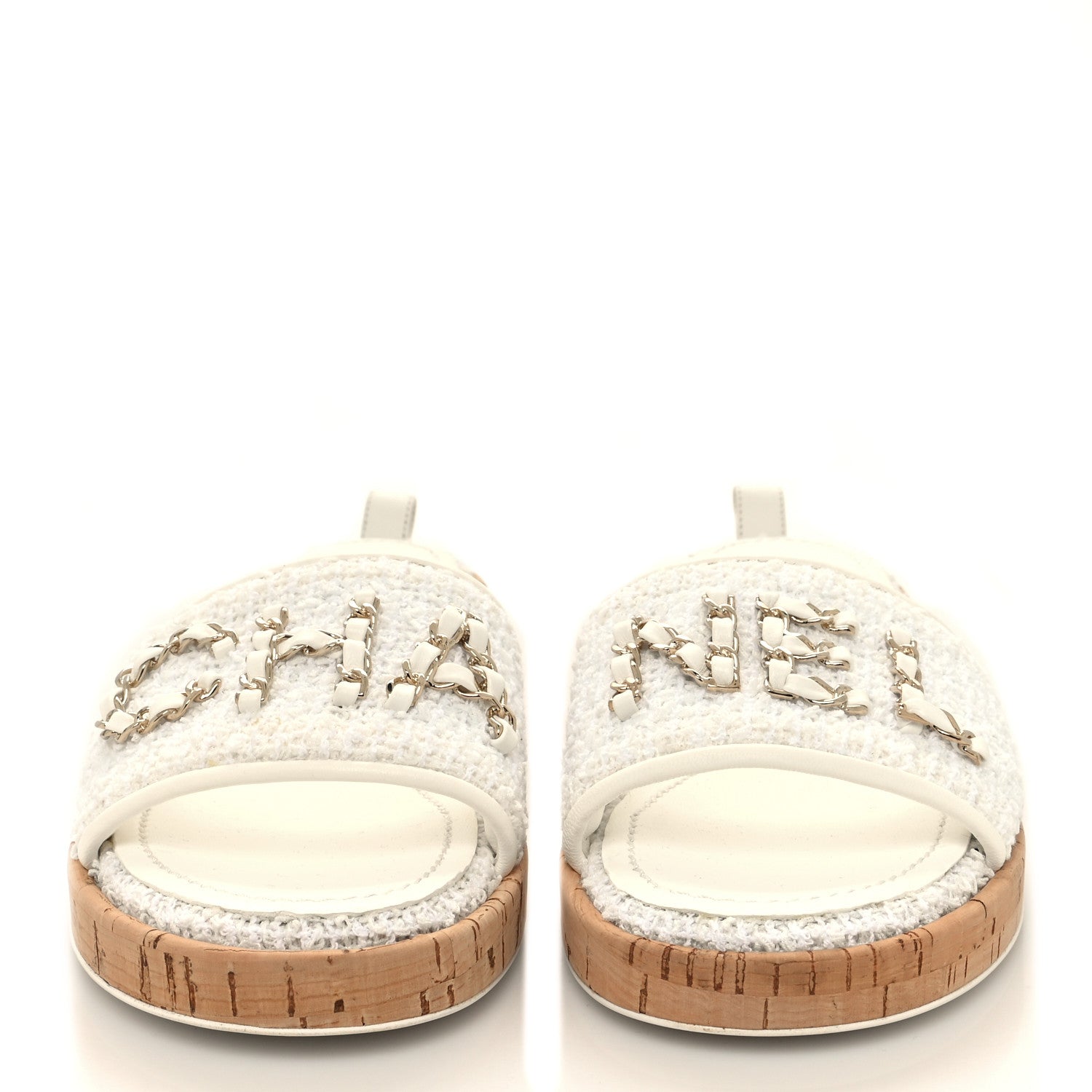 Chanel Tweed Cork CC Chain Mule Sandal 38 White 2 of 9