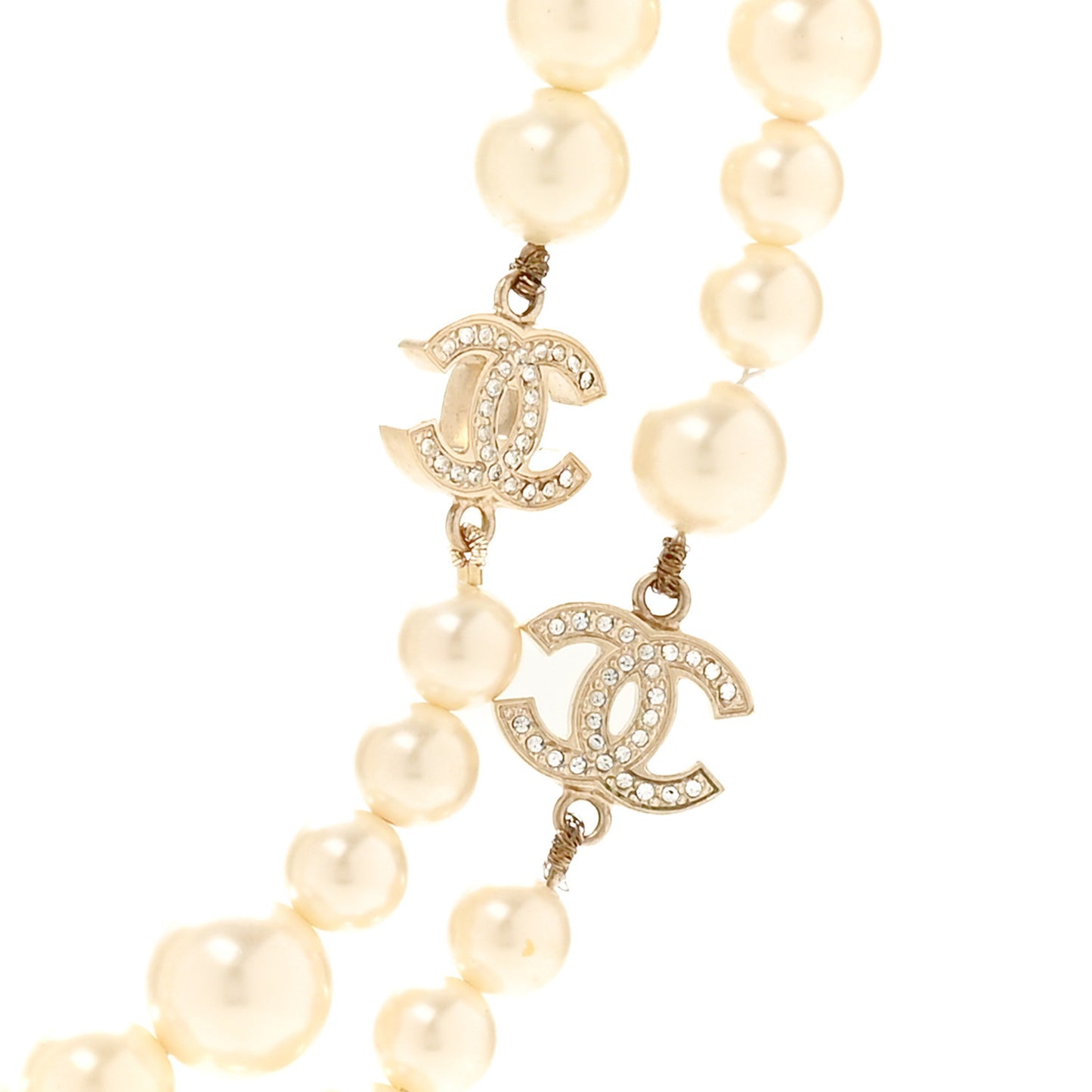 Graduated Pearl Crystal CC Long Necklace Light Gold