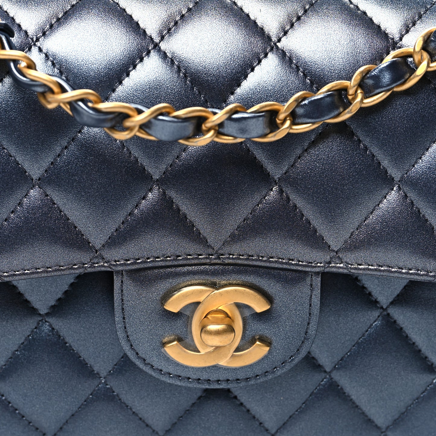 Metallic Lambskin Quilted Small Double Flap Dark Blue