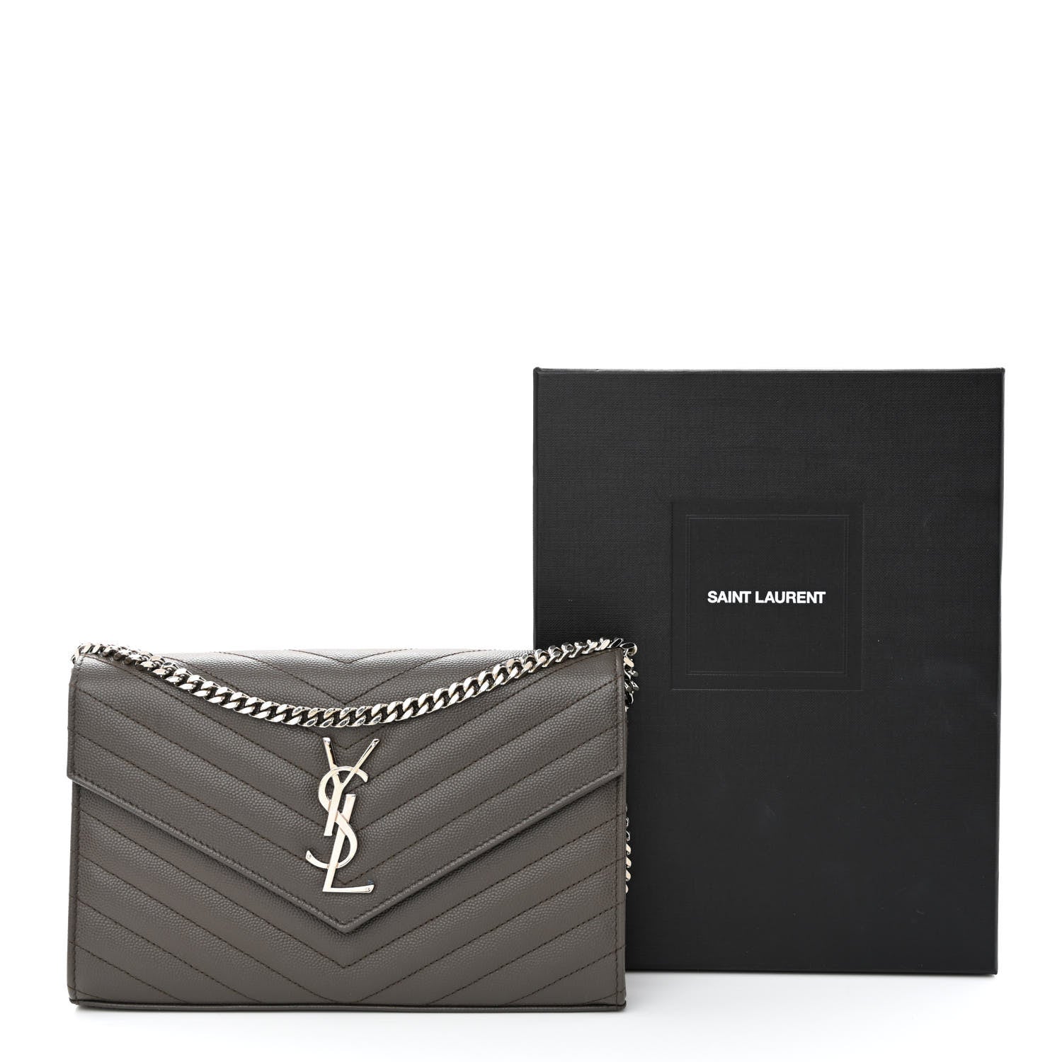 Saint Laurent Grain De Poudre Matelasse Chevron Monogram Chain Wallet Fog 11 of 11