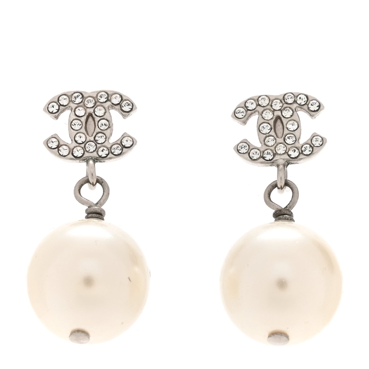 Crystal Pearl CC Drop Earrings Silver Pearly White
