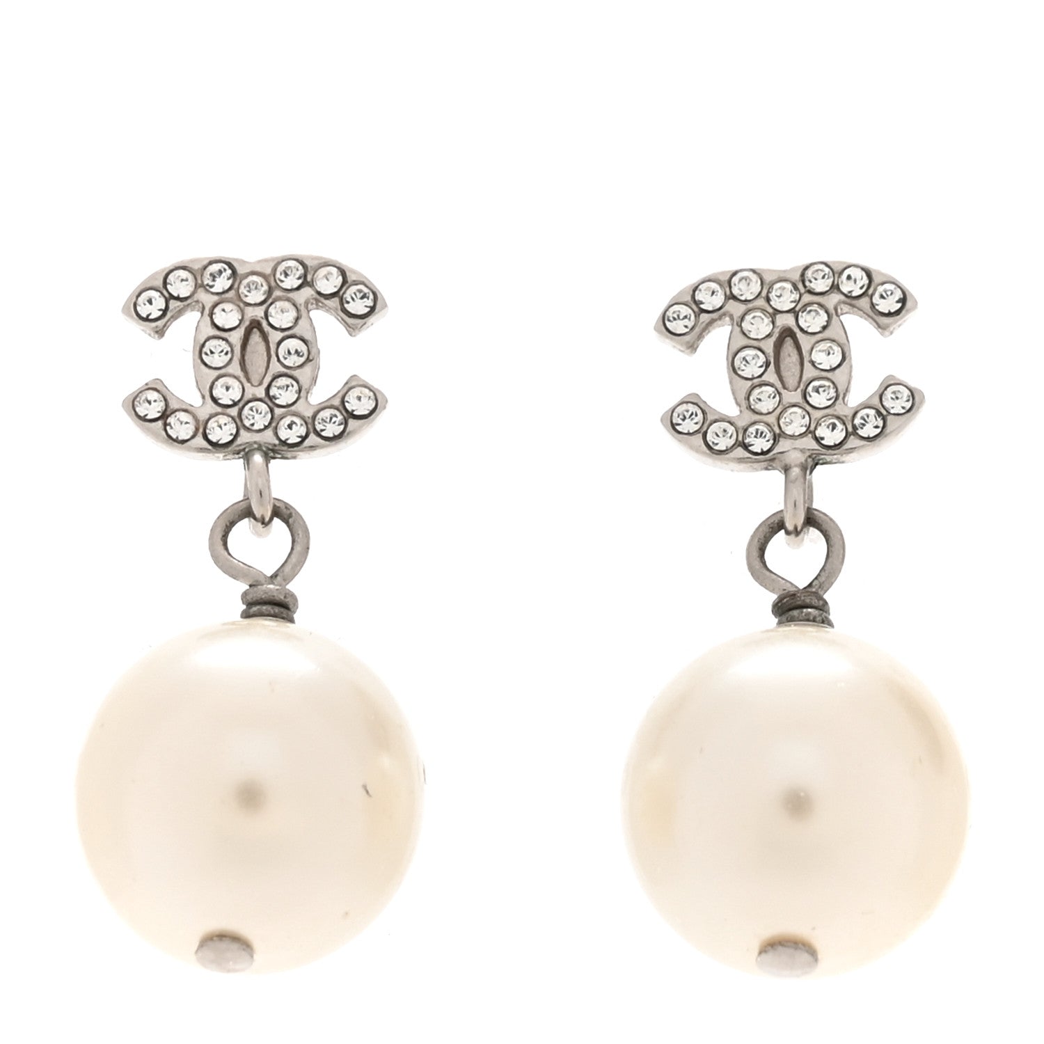 Chanel Crystal Pearl CC Drop Earrings Silver Pearly White 1 of 4
