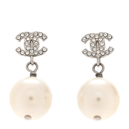Chanel Crystal Pearl CC Drop Earrings Silver Pearly White 1 of 4