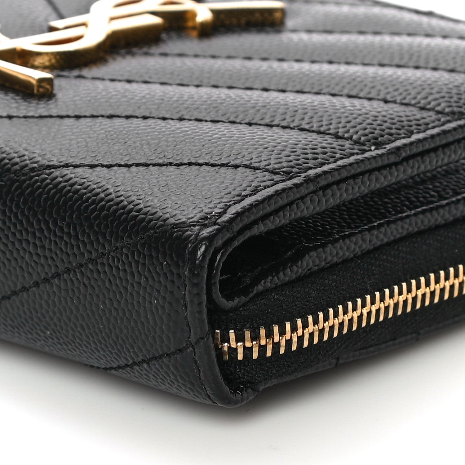 Saint Laurent Grain De Poudre Matelasse Chevron Monogram Compact Zip Around Wallet Black 10 of 11