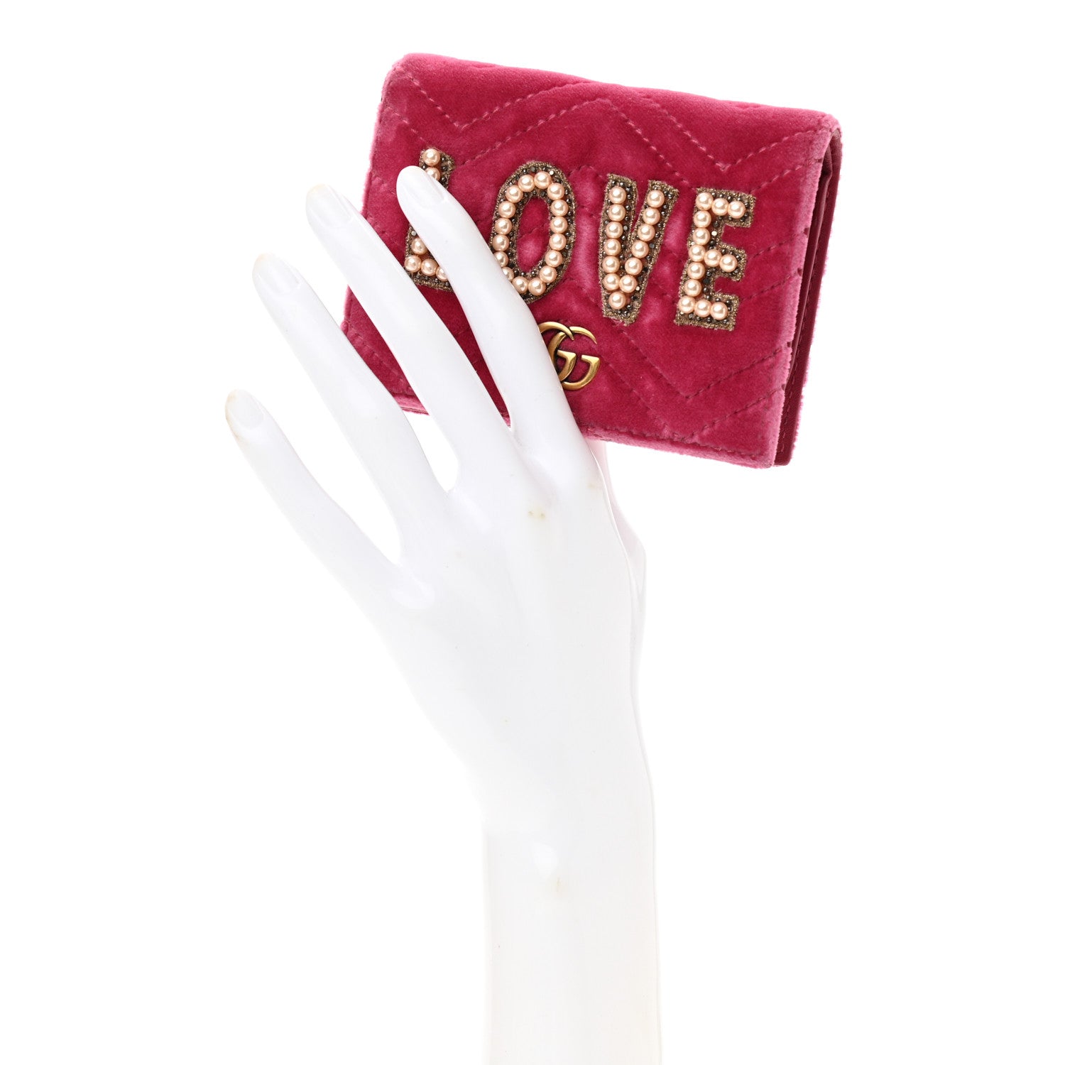 Gucci Velvet Matelasse Pearl Love Embroidered GG Marmont Card Case Wallet Light Raspberry Rose 2 of 10