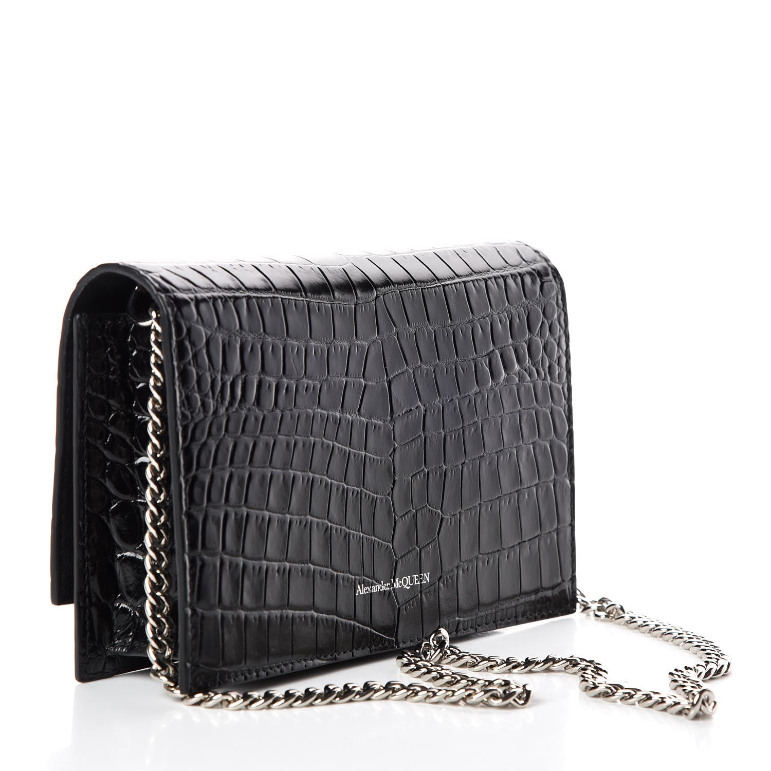 Alexander McQueen Calfskin Crocodile Embossed Skull Mini Crossbody Bag Black 3 of 8