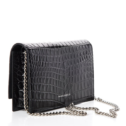 Alexander McQueen Calfskin Crocodile Embossed Skull Mini Crossbody Bag Black 3 of 8