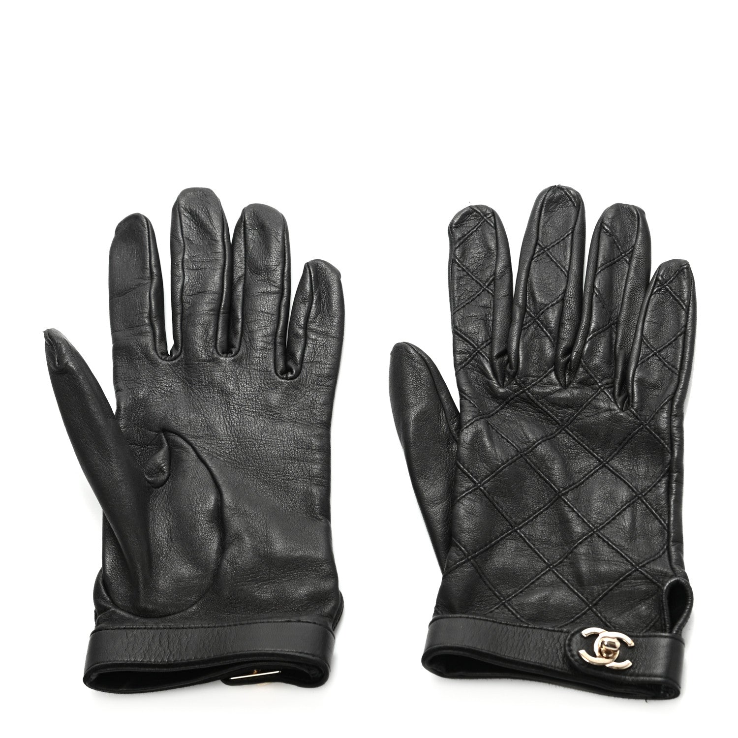 Chanel Lambskin Quilted Turnlock Gloves 7 Black 2 of 3