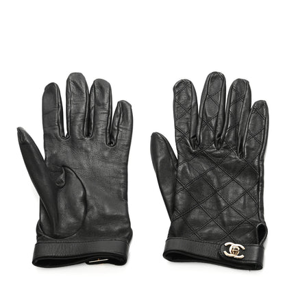 Chanel Lambskin Quilted Turnlock Gloves 7 Black 2 of 3
