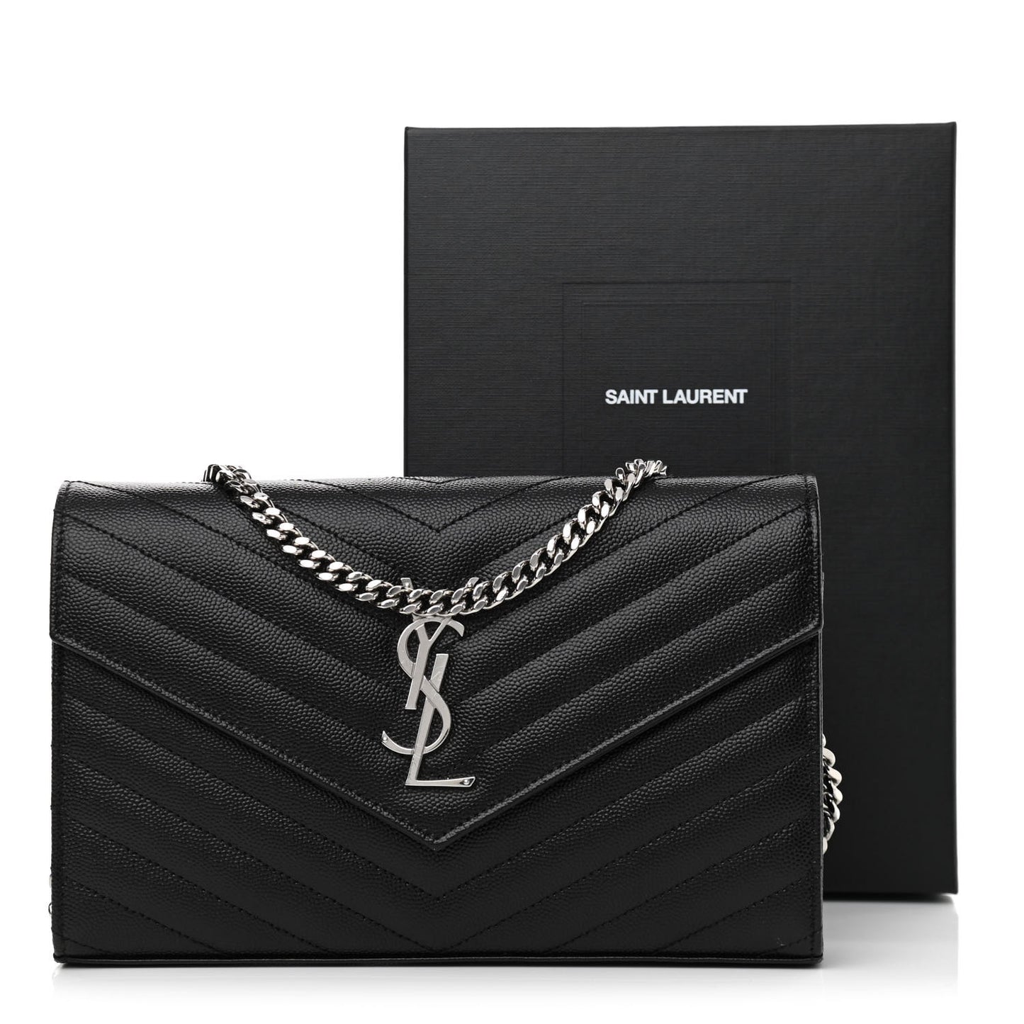 Grain De Poudre Matelasse Chevron Monogram Chain Wallet Black
