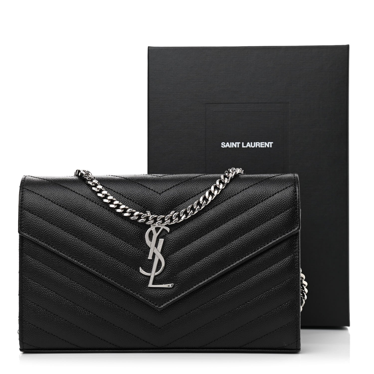 Saint Laurent Grain De Poudre Matelasse Chevron Monogram Chain Wallet Black 10 of 10