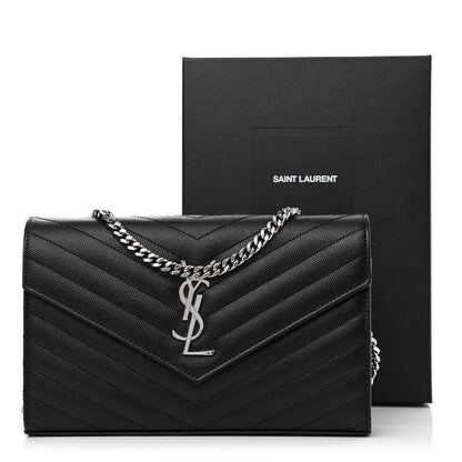 Saint Laurent Grain De Poudre Matelasse Chevron Monogram Chain Wallet Black 10 of 10