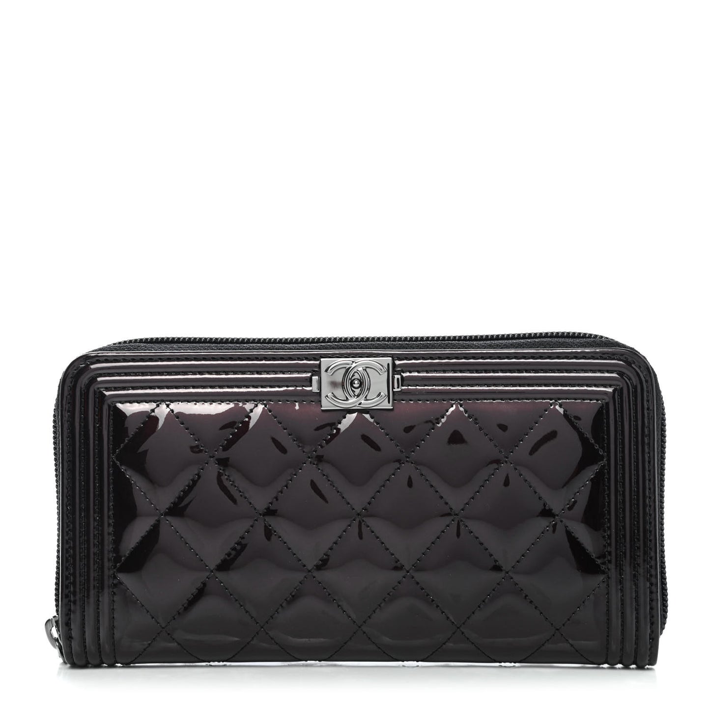 Metallic Patent Calfskin Quilted Boy L-Gusset Zip Wallet Burgundy
