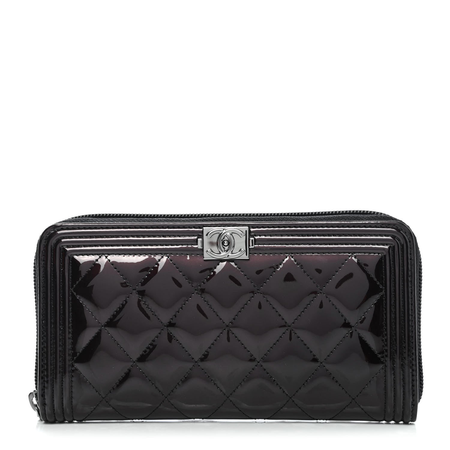 Chanel Metallic Patent Calfskin Quilted Boy L-Gusset Zip Wallet Burgundy 1 of 4