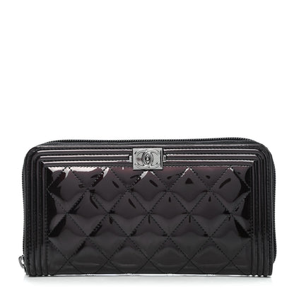 Chanel Metallic Patent Calfskin Quilted Boy L-Gusset Zip Wallet Burgundy 1 of 4