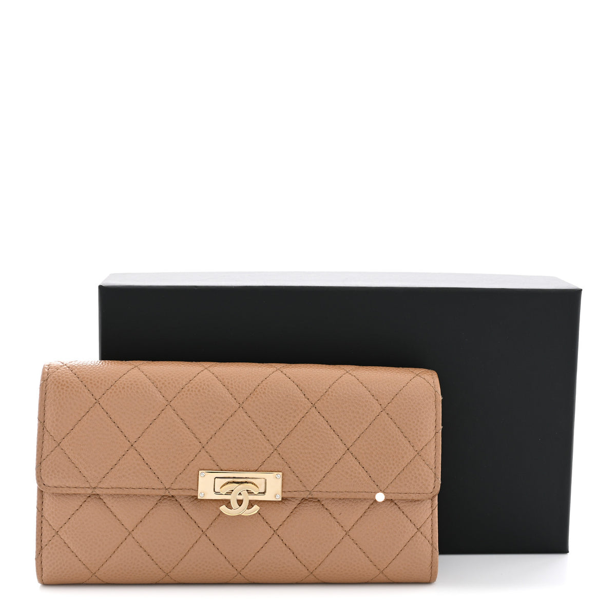 Caviar Quilted Large Golden Class Gusset Flap Wallet Beige