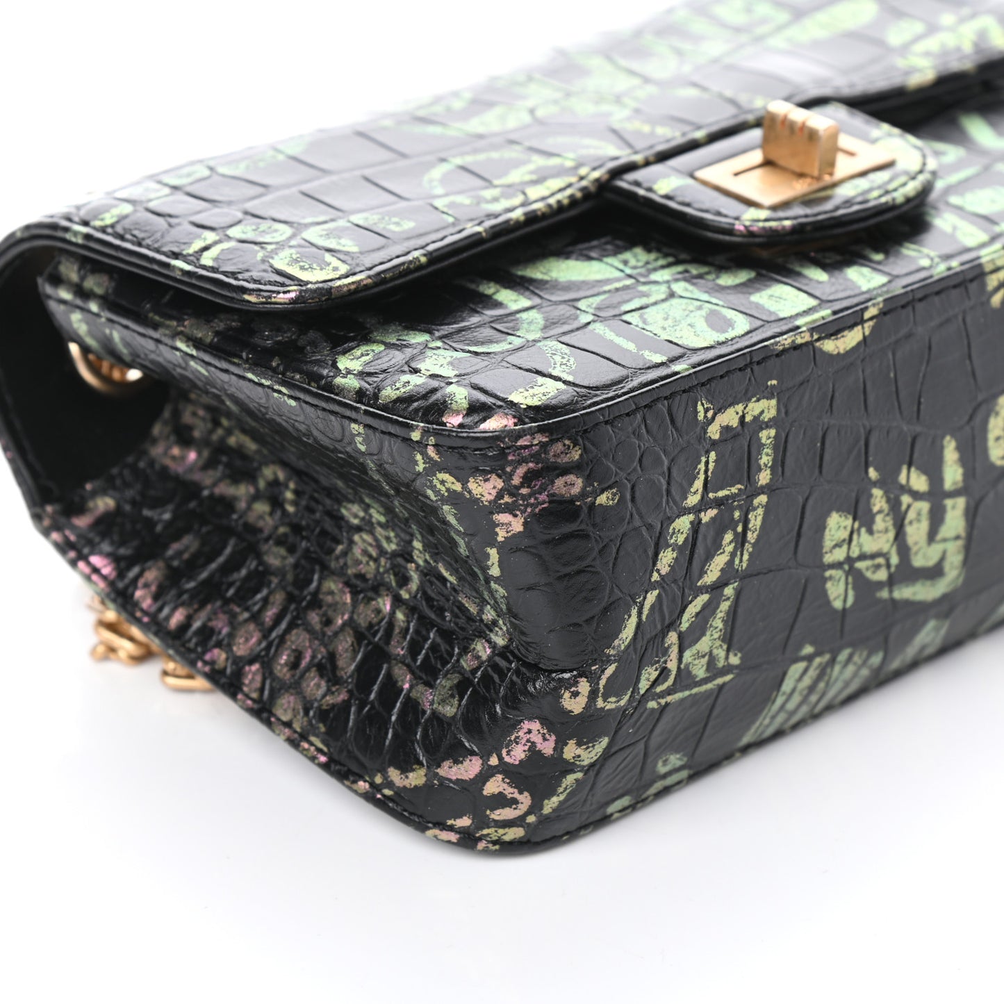 Calfskin Crocodile Embossed Graffiti 2.55 Mini Cocodile Reissue Flap Black Pink