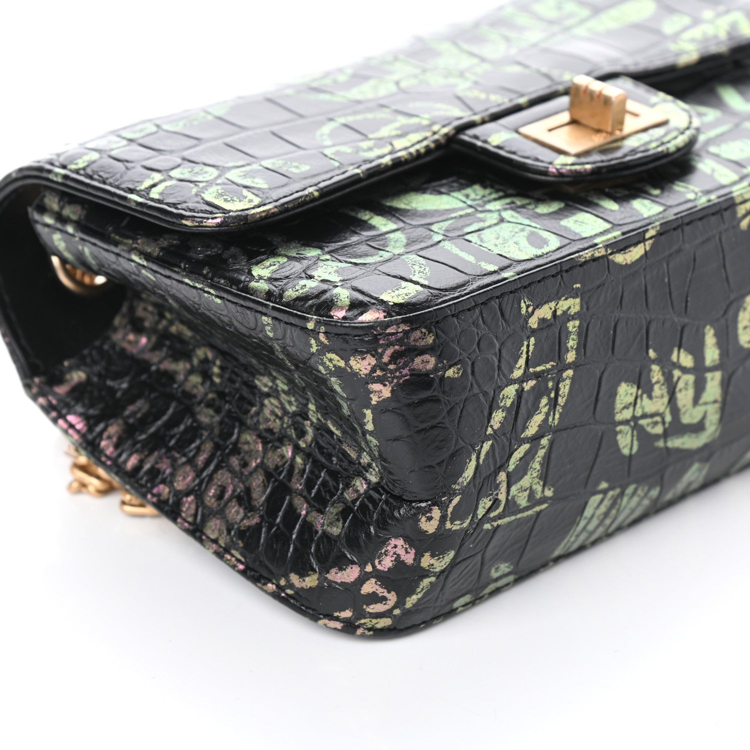 Chanel Calfskin Crocodile Embossed Graffiti 2.55 Mini Cocodile Reissue Flap Black Pink 9 of 10