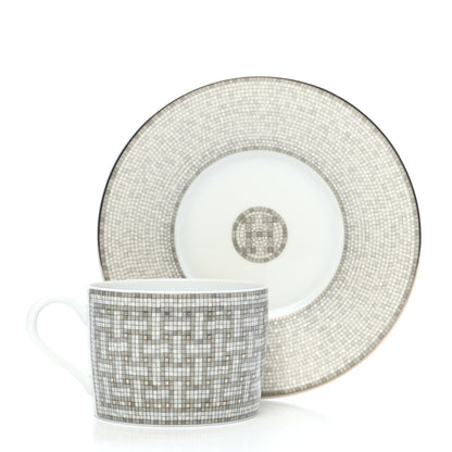 Hermes Porcelain Mosaique Au 24 Platine Tea Cup And Saucer Set Of 2 Platinum 4 of 8
