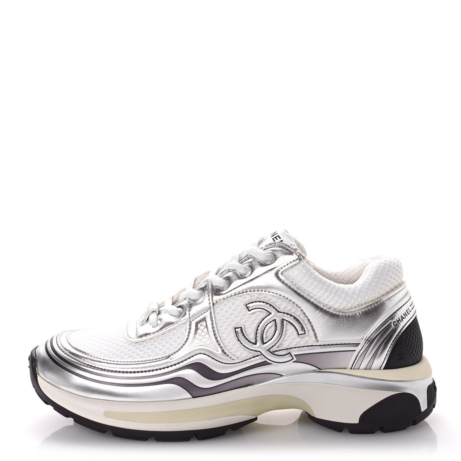 Chanel Fabric Laminated Calfskin Stretch CC Sneakers 39 White Silver 1 of 9
