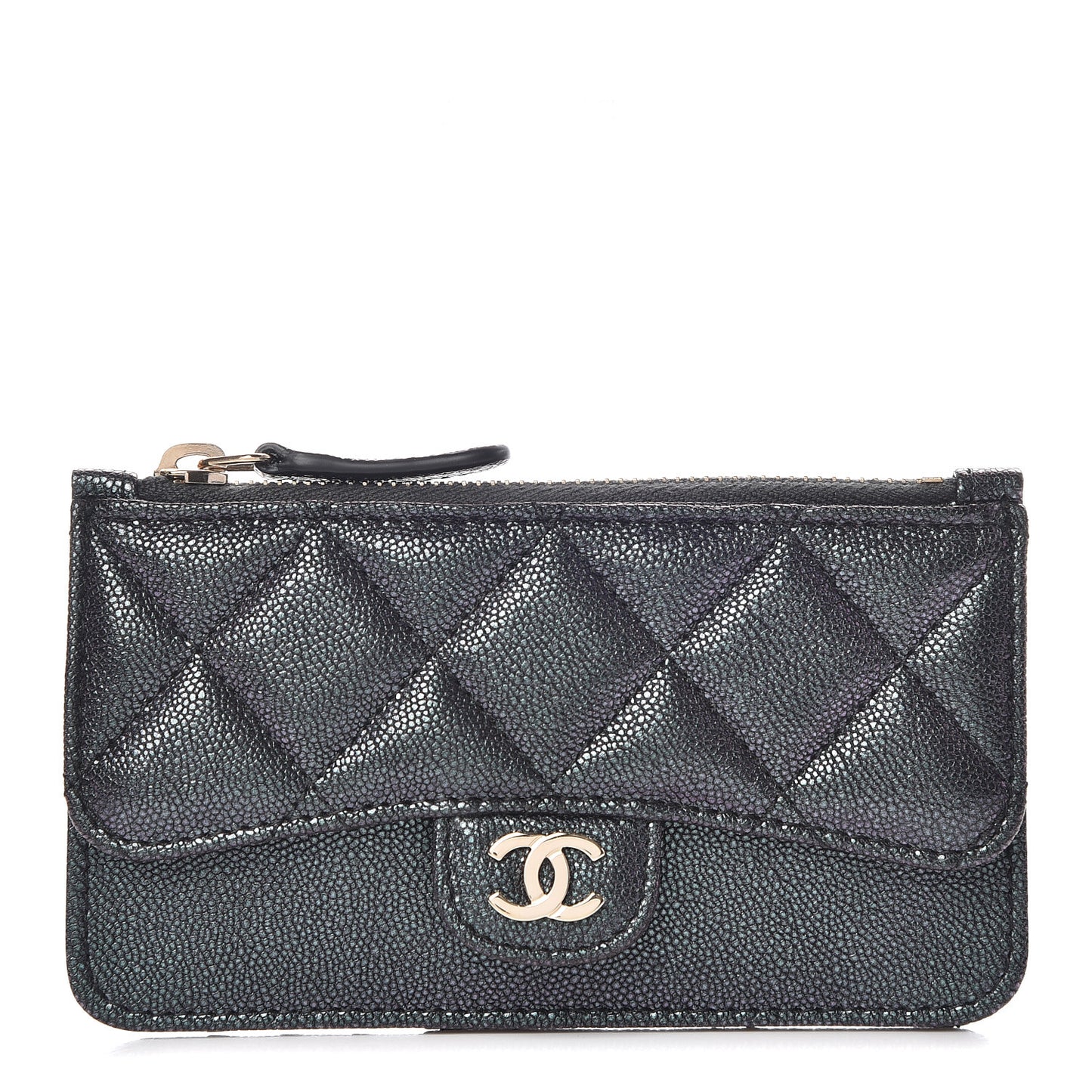 Iridescent Caviar Quilted Flap Zip Card Holder Black