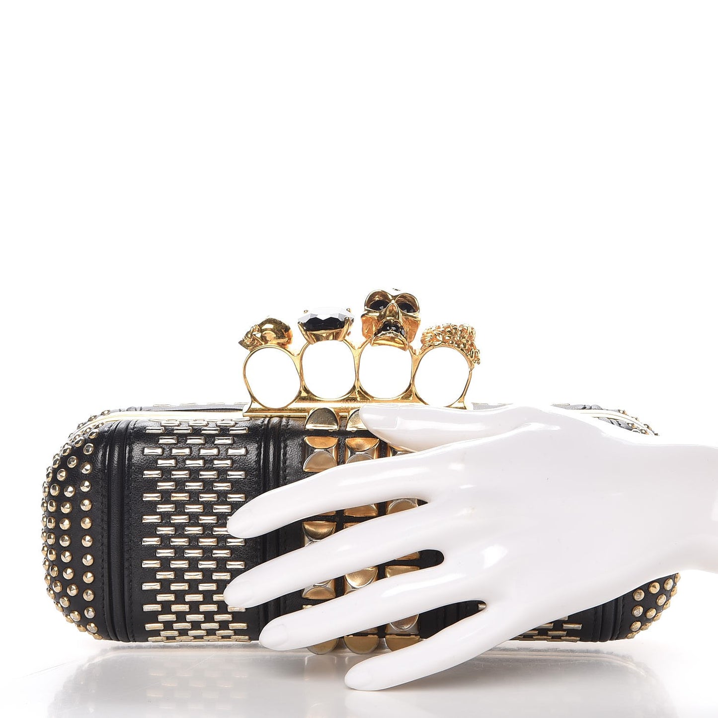 Nappa Studded Skull Knuckle Box Clutch Black