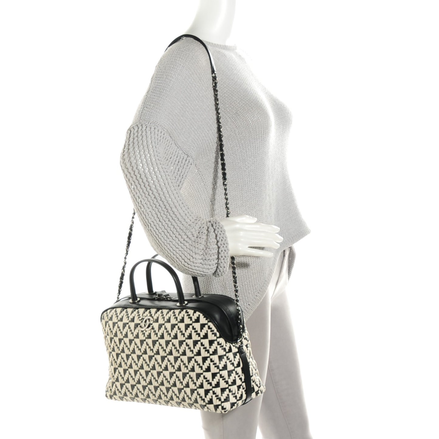 Calfskin Woven Bowling Bag Black White