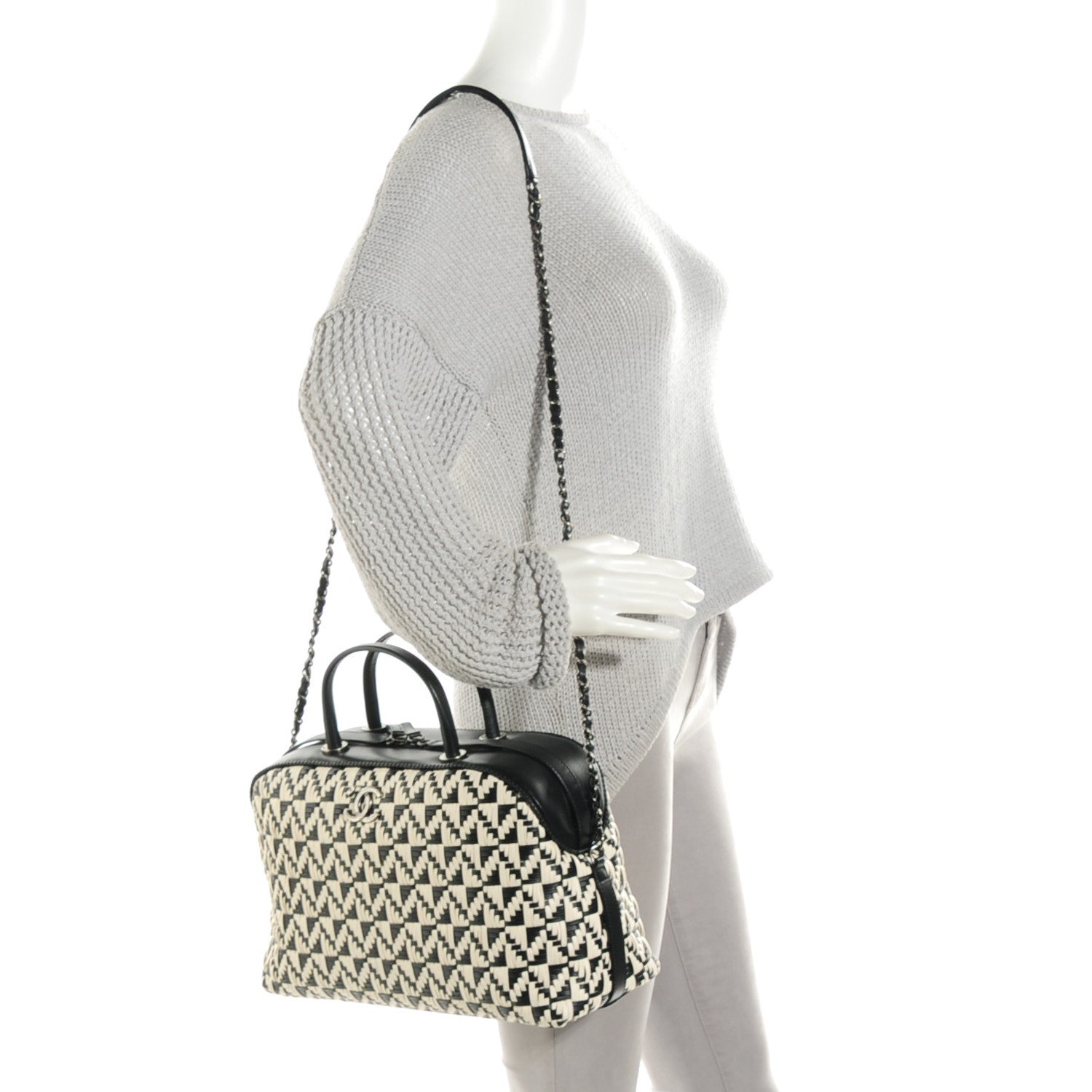 Chanel Calfskin Woven Bowling Bag Black White 2 of 7