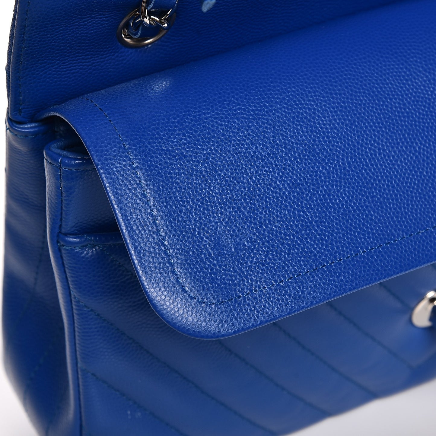 Caviar Chevron Quilted Medium Double Flap Bright Blue