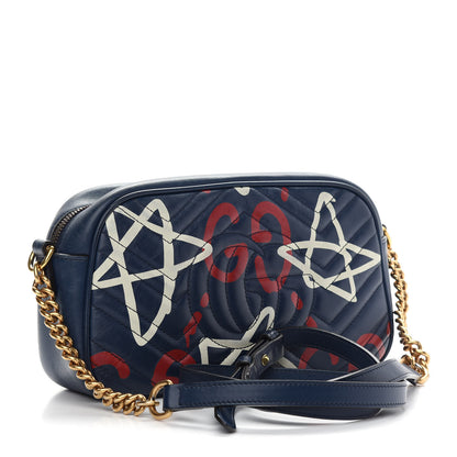 Gucci Calfskin Matelasse GucciGhost Small GG Marmont Chain Shoulder Bag Blue Agata Hibiscus Red 3 of 9
