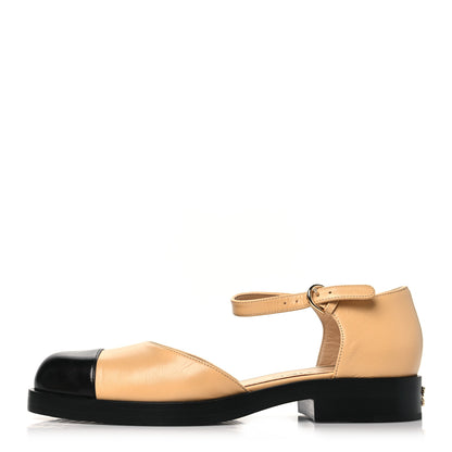 Chanel Shiny Goatskin Mary Jane Flats 38.5 Beige Black 1 of 9