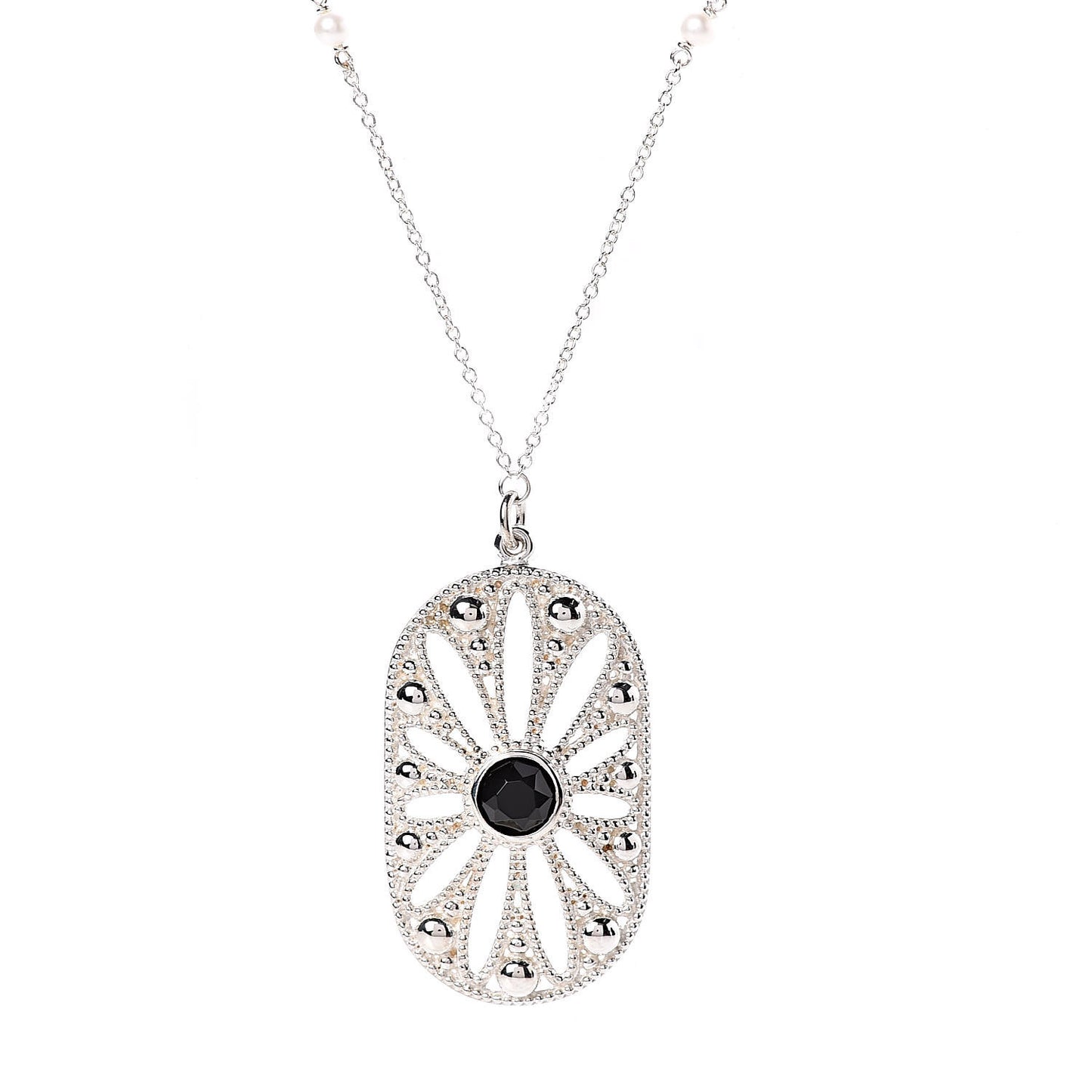 Sterling Silver Black Onyx Pearl Ziegfeld Daisy Pendant Necklace