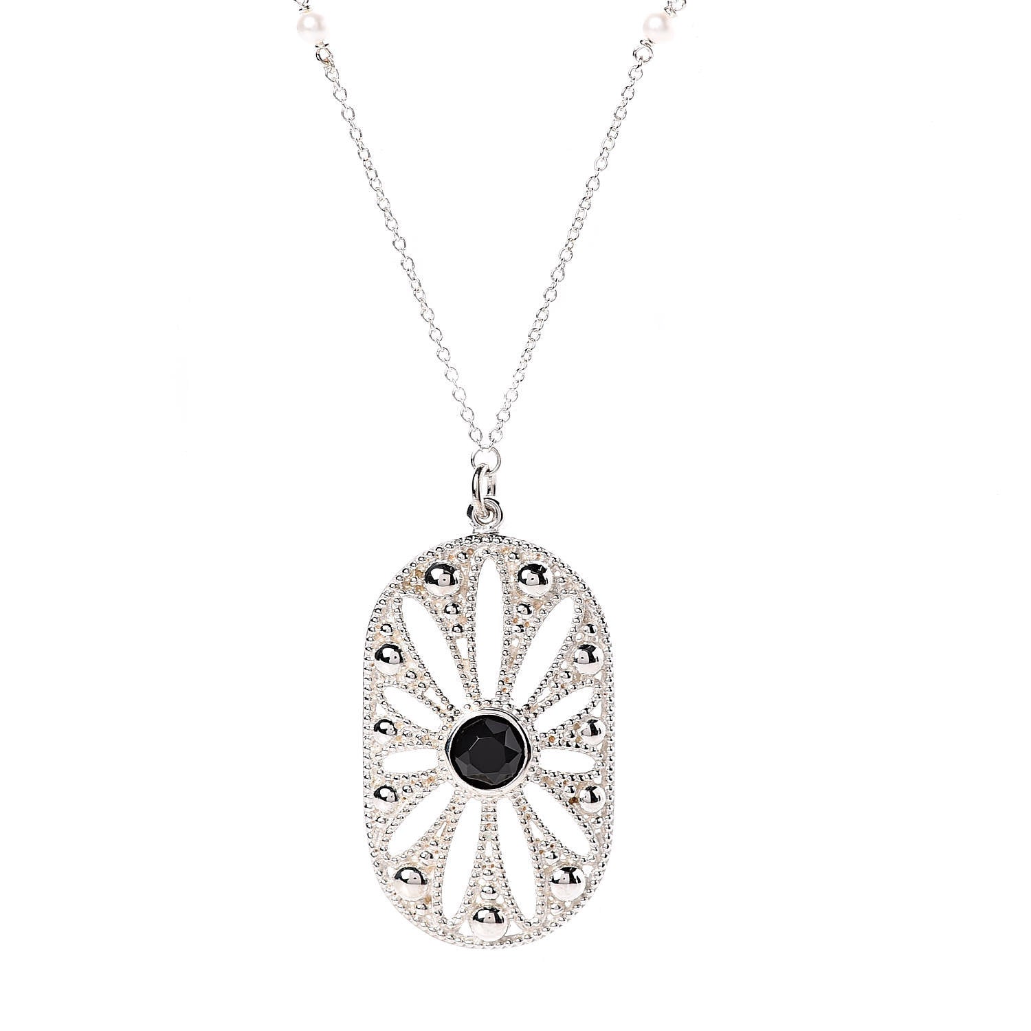 Tiffany Sterling Silver Black Onyx Pearl Ziegfeld Daisy Pendant Necklace 4 of 8