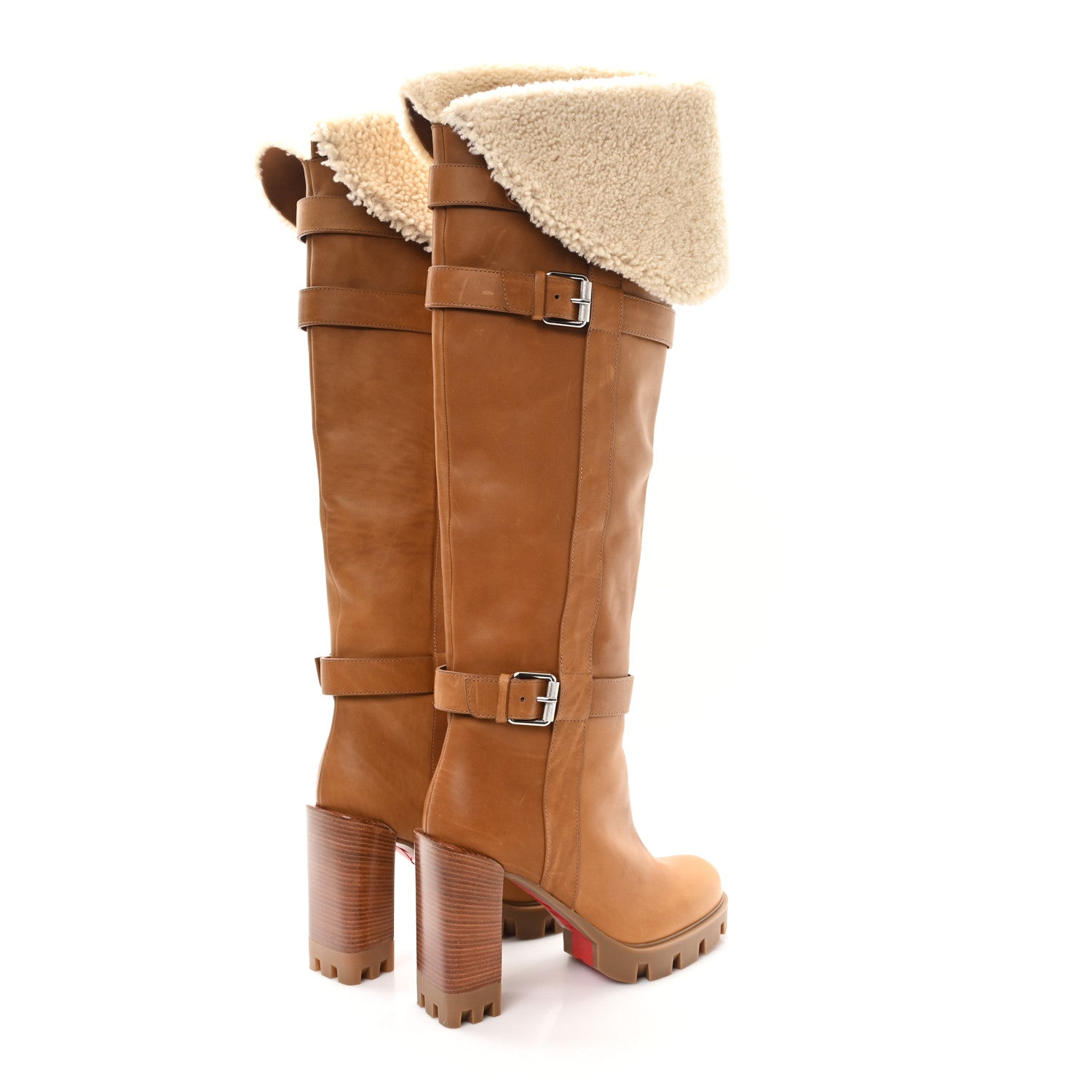 Christian Louboutin Calfskin Wax Shearling Brodeback Lug Over The Knee Boots 39 Terra Beige 4 of 6