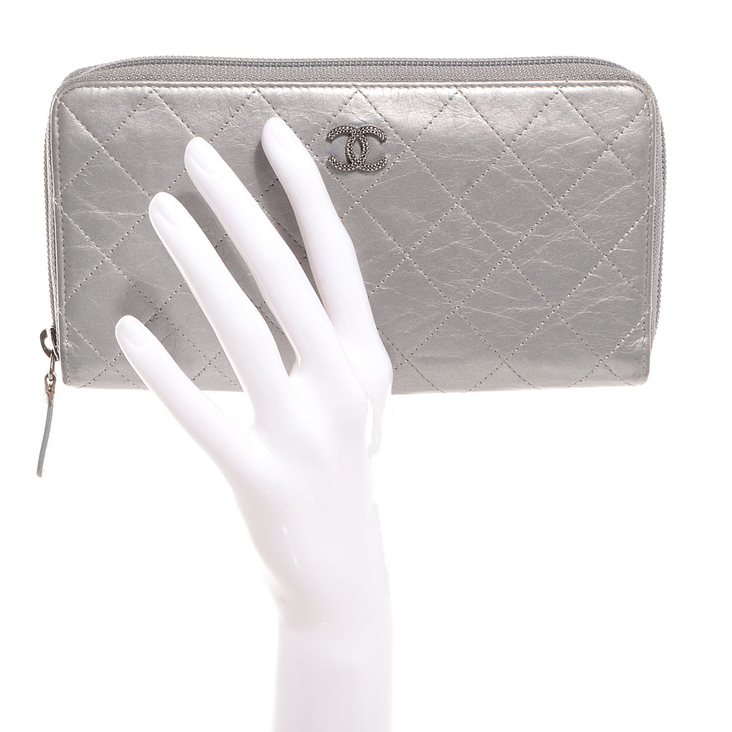 Calfskin Large Zip Around Wallet Silver