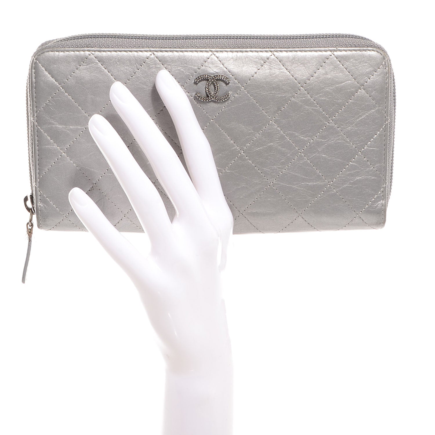 Chanel Calfskin Large Zip Around Wallet Silver 2 of 9