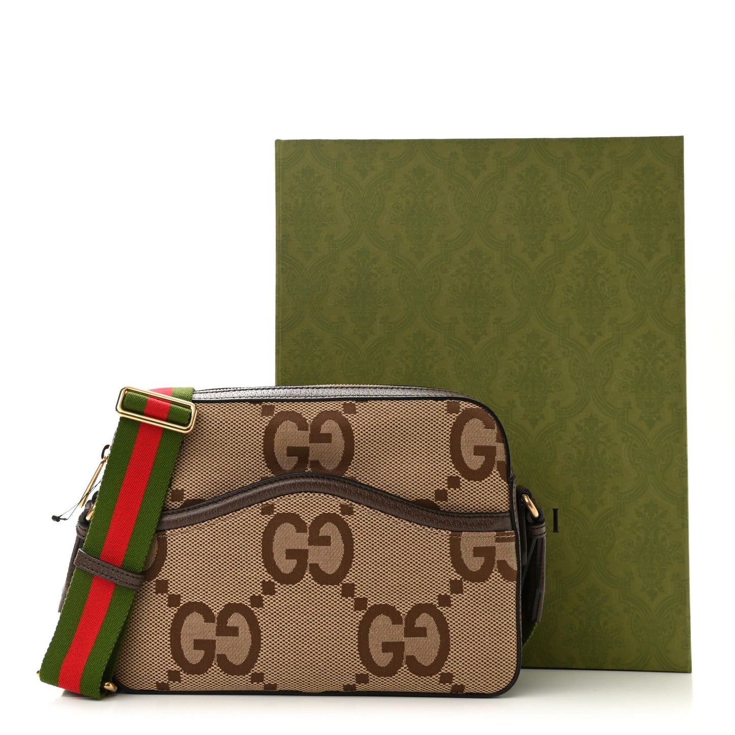 Monogram Jumbo GG Textured Dollar Calfskin Web Messenger Shoulder Bag Camel Ebony New Acero