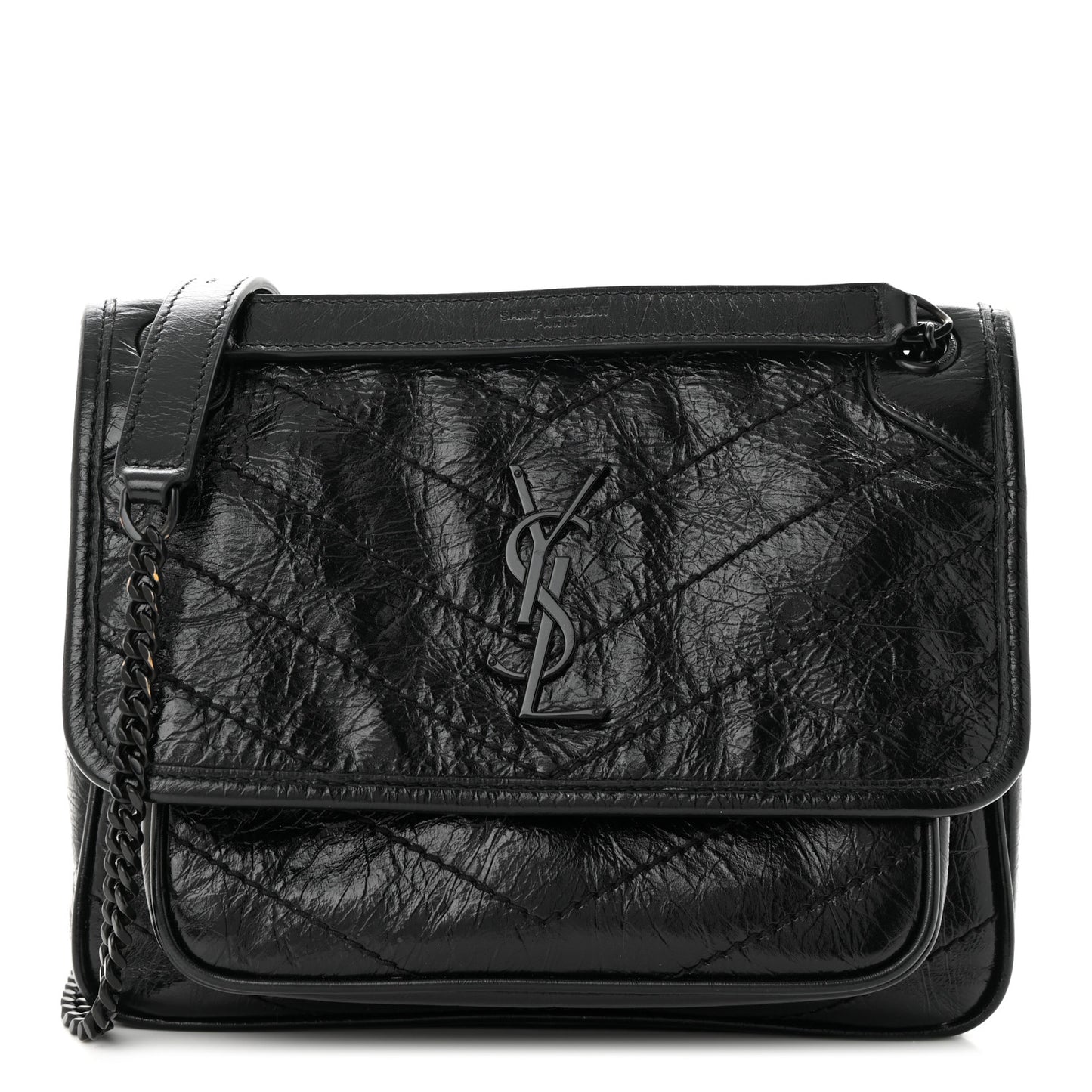 Crinkled Calfskin Matelasse Monogram Baby Niki Chain Satchel Black