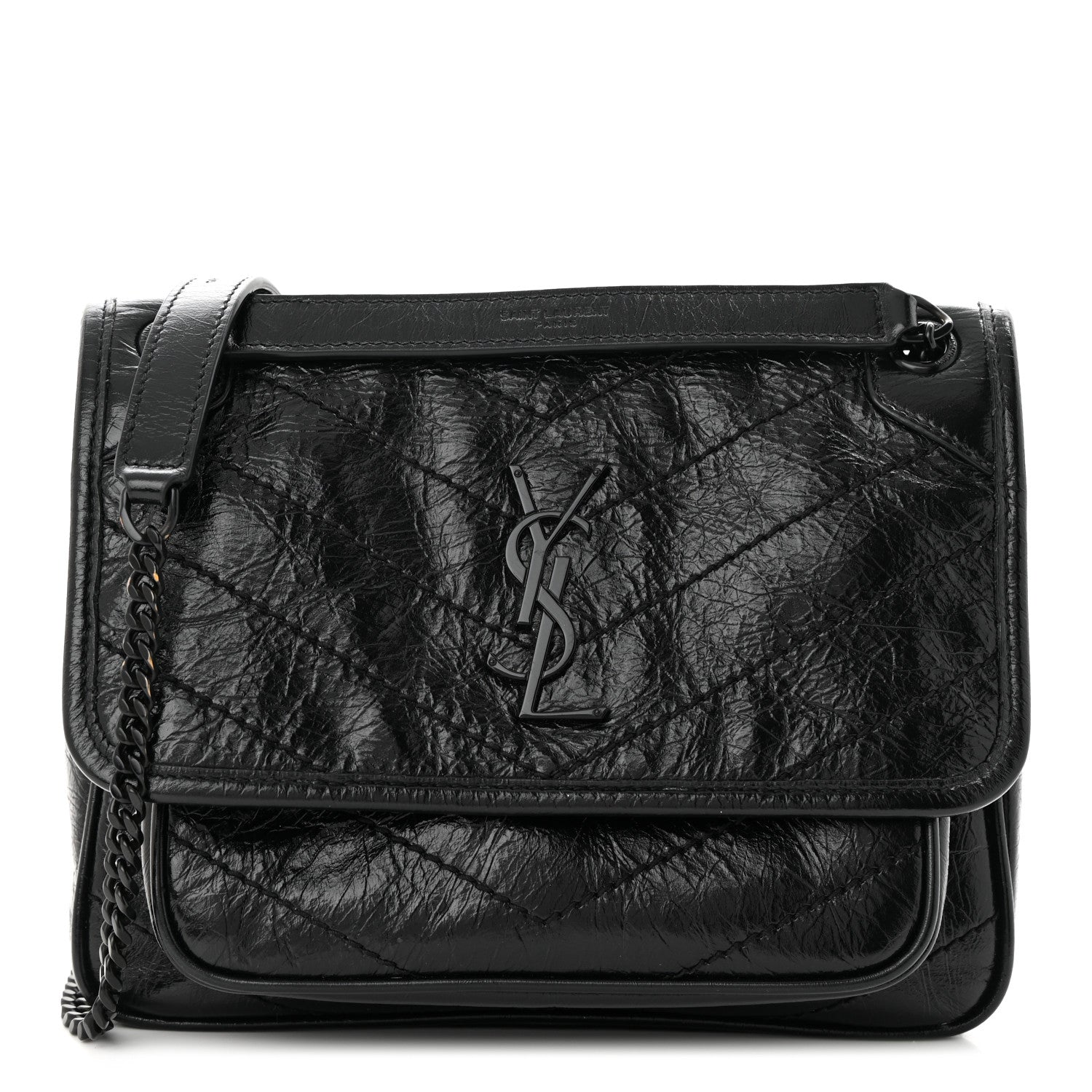 Saint Laurent Crinkled Calfskin Matelasse Monogram Baby Niki Chain Satchel Black 1 of 11