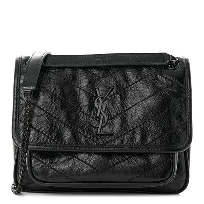 Saint Laurent Crinkled Calfskin Matelasse Monogram Baby Niki Chain Satchel Black 1 of 11
