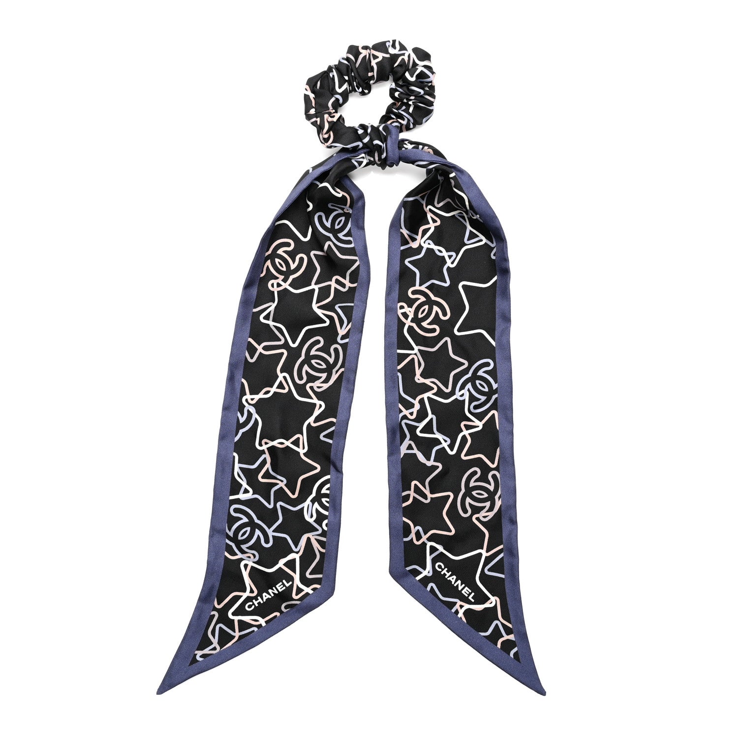 Chanel Silk Star CC Scrunchie and Scarf Hair Tie Set Black Blue White 1 of 3