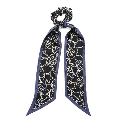 Chanel Silk Star CC Scrunchie and Scarf Hair Tie Set Black Blue White 1 of 3