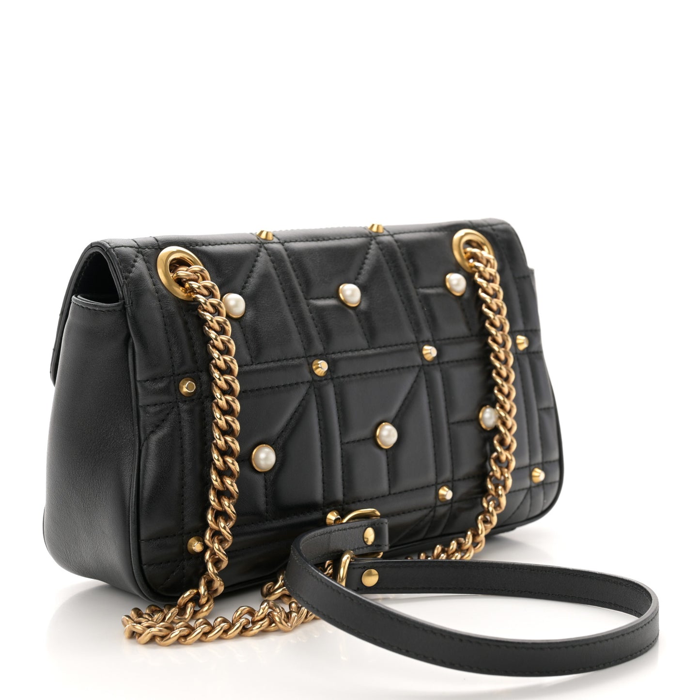 Calfskin Matelasse Studded Small Pearly GG Marmont Shoulder Bag Black