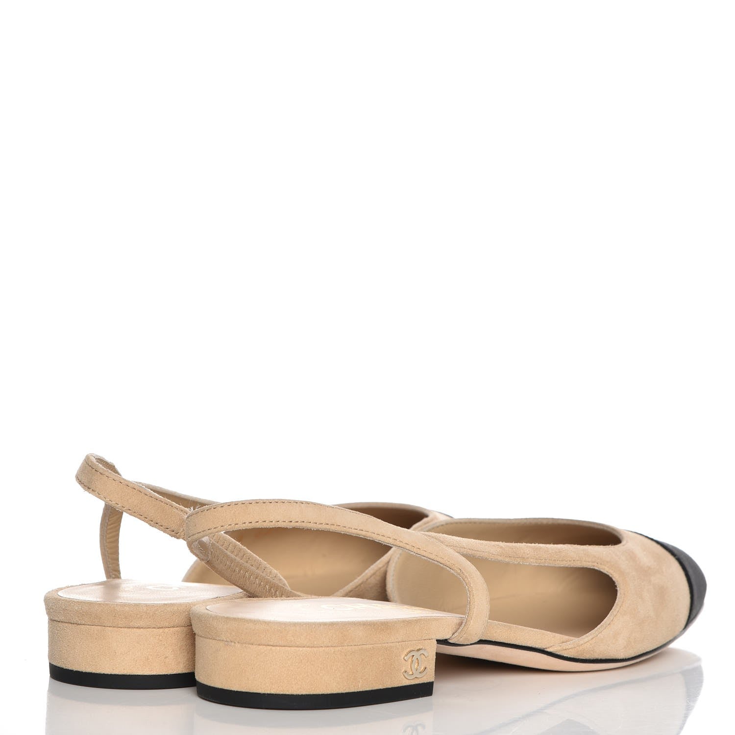 Chanel Suede Satin Cap Toe CC Slingback Sandals 35 Beige Black 4 of 8
