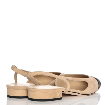 Chanel Suede Satin Cap Toe CC Slingback Sandals 35 Beige Black 4 of 8